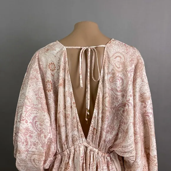 Free People Dress Women XS Arzel Mini Ivory Paisley Print Kimono Pleated Satin