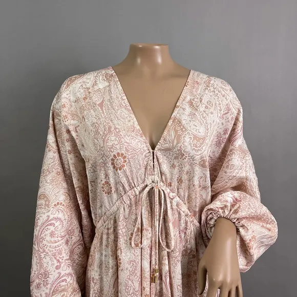 Free People Dress Women XS Arzel Mini Ivory Paisley Print Kimono Pleated Satin