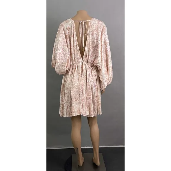 Free People Dress Women XS Arzel Mini Ivory Paisley Print Kimono Pleated Satin