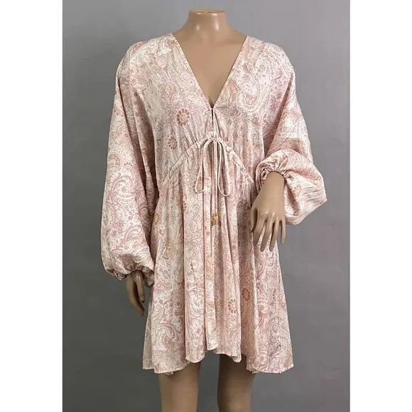 Free People Dress Women XS Arzel Mini Ivory Paisley Print Kimono Pleated Satin