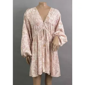Free People Dress Women XS Arzel Mini Ivory Paisley Print Kimono Pleated Satin