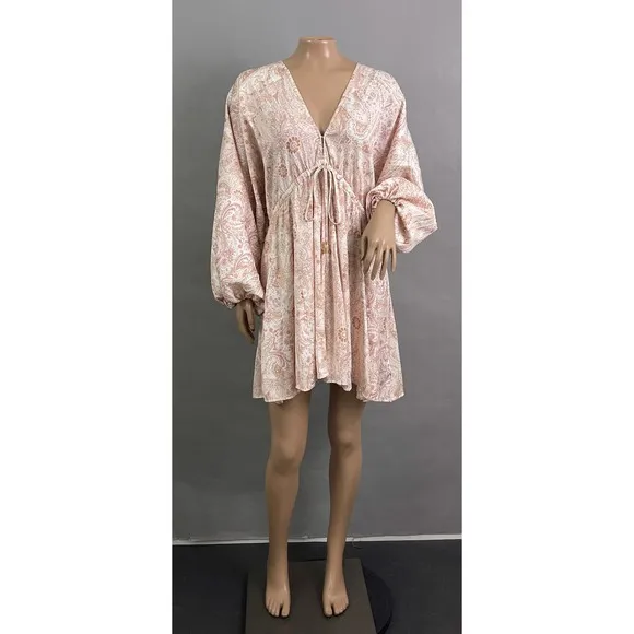 Free People Dress Women XS Arzel Mini Ivory Paisley Print Kimono Pleated Satin