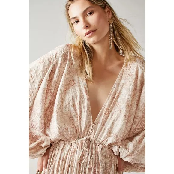 Free People Dress Women XS Arzel Mini Ivory Paisley Print Kimono Pleated Satin