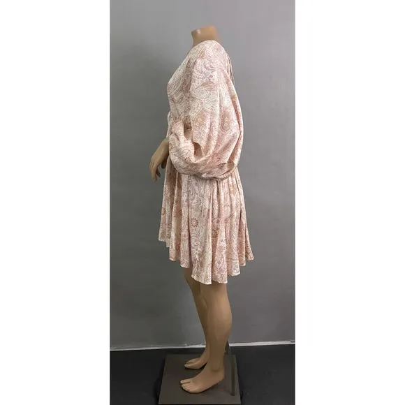 Free People Dress Women XS Arzel Mini Ivory Paisley Print Kimono Pleated Satin