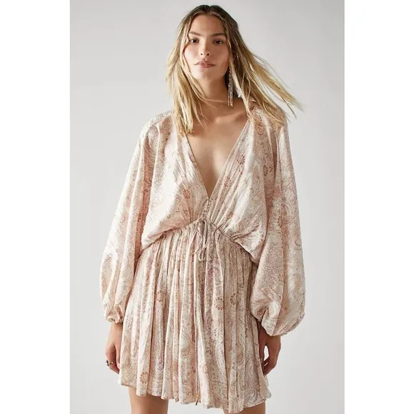 Free People Dress Women XS Arzel Mini Ivory Paisley Print Kimono Pleated Satin