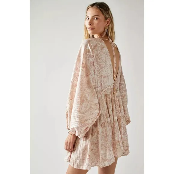 Free People Dress Women XS Arzel Mini Ivory Paisley Print Kimono Pleated Satin