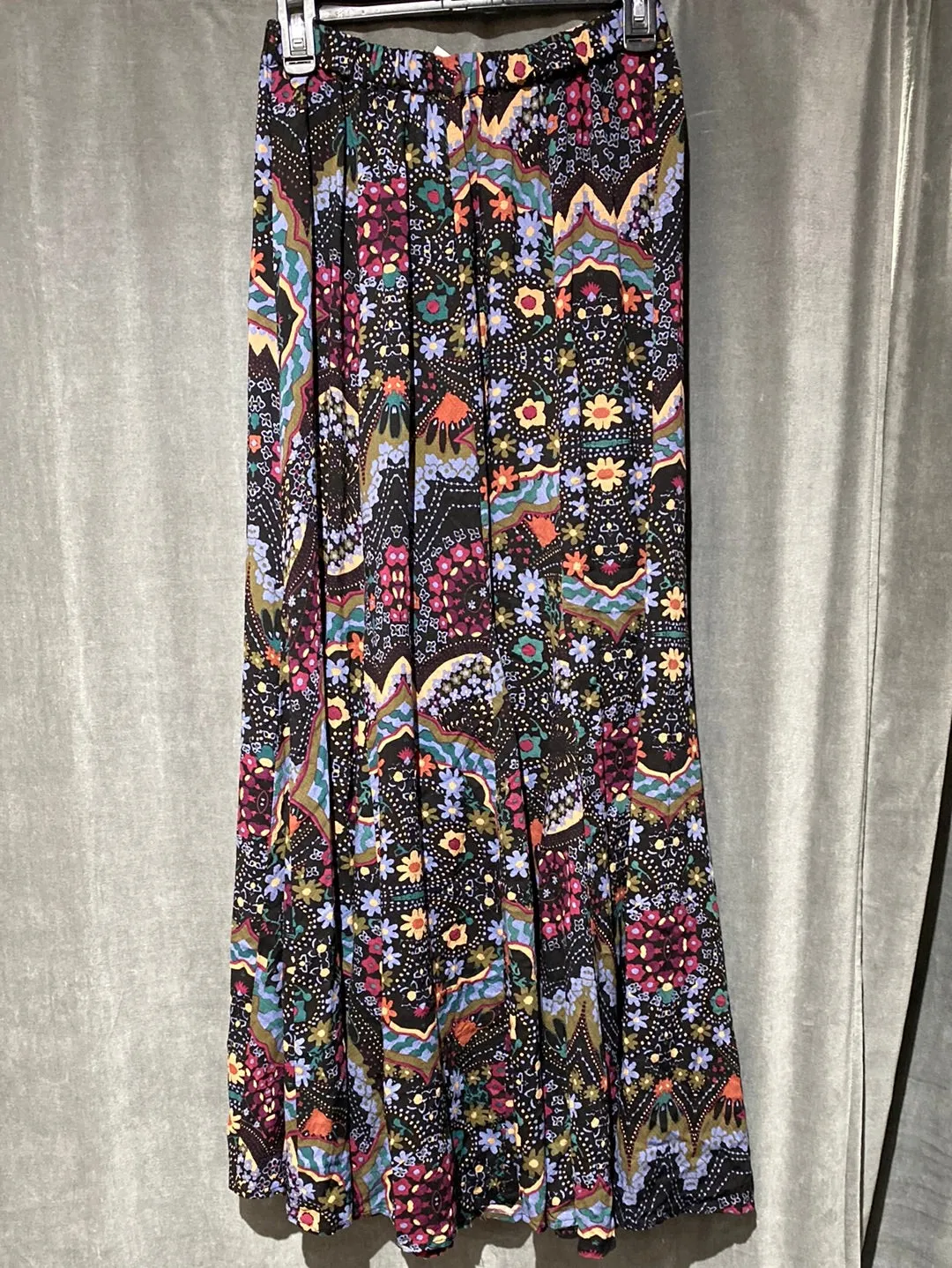 Free People Elastic Waist Multi Color Floral Print Cotton Maxi Skirt