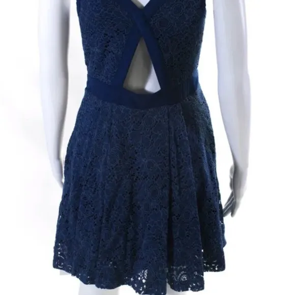 Free People floral Lace V Neck A Line Pleated Dress Blue