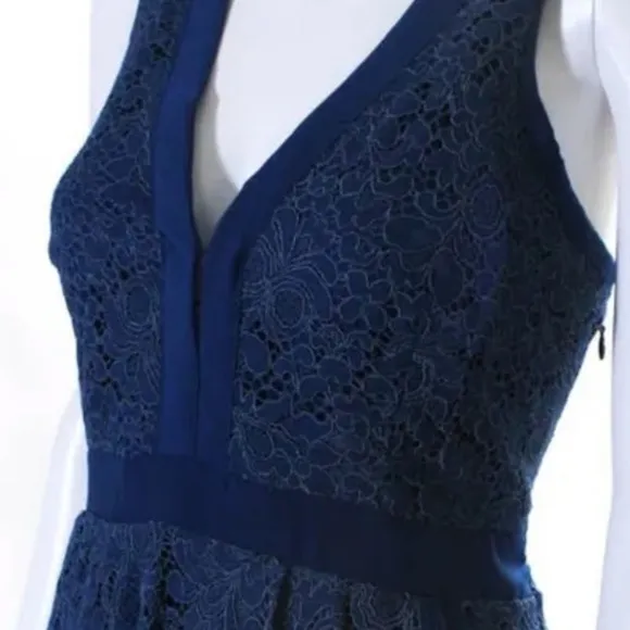 Free People floral Lace V Neck A Line Pleated Dress Blue