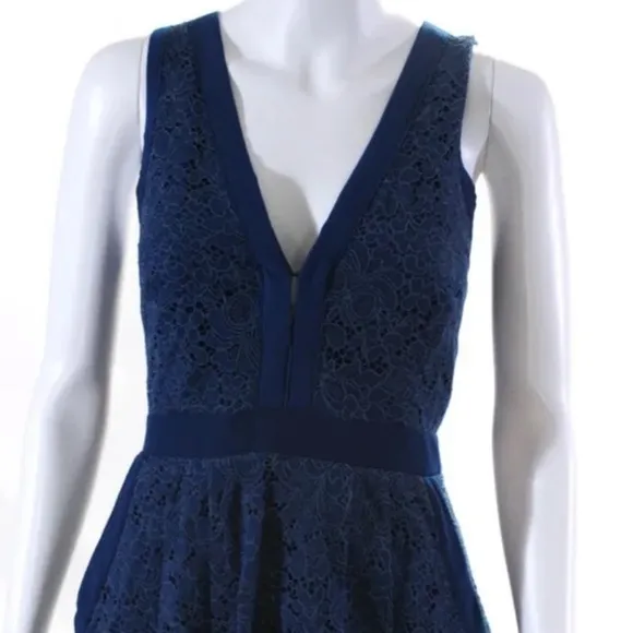 Free People floral Lace V Neck A Line Pleated Dress Blue