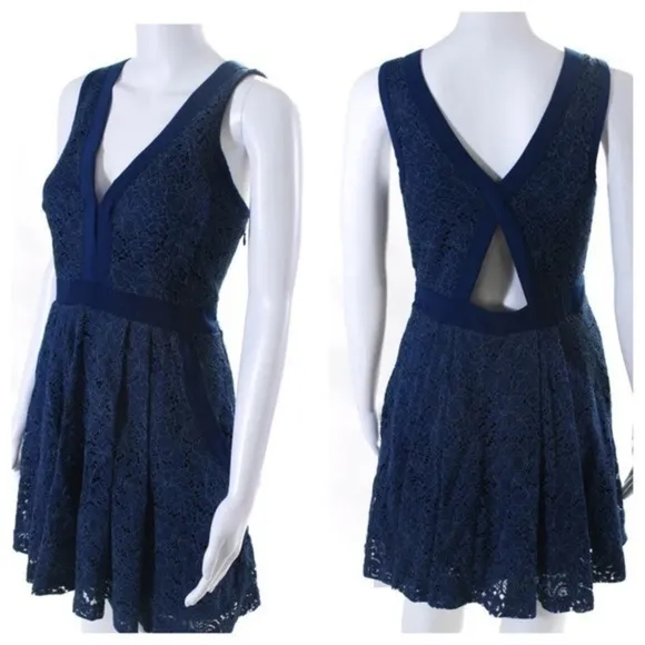 Free People floral Lace V Neck A Line Pleated Dress Blue
