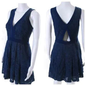 Free People floral Lace V Neck A Line Pleated Dress Blue