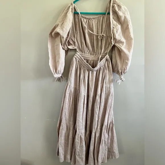 Free People Ibiza Dress‎ Maxi Open Back Mushroom Bloom Cottage Boho
