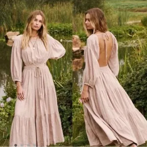 Free People Ibiza Dress‎ Maxi Open Back Mushroom Bloom Cottage Boho