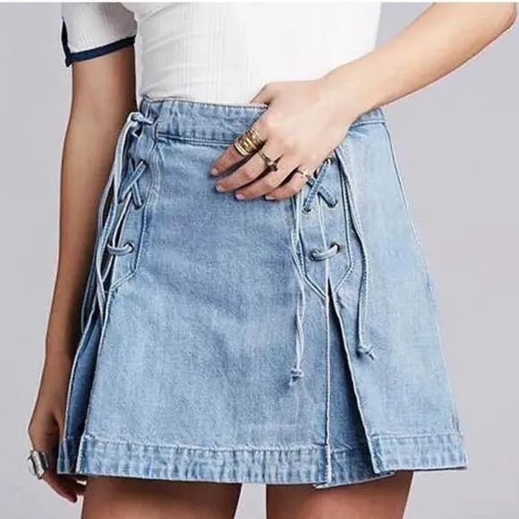 Free People Lace Up Pleated Denim Mini Skirt Jean skirt
