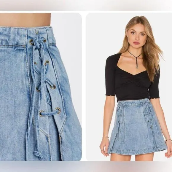 Free People Lace Up Pleated Denim Mini Skirt Jean skirt