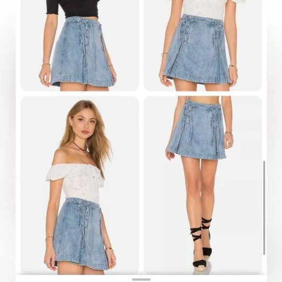Free People Lace Up Pleated Denim Mini Skirt Jean skirt