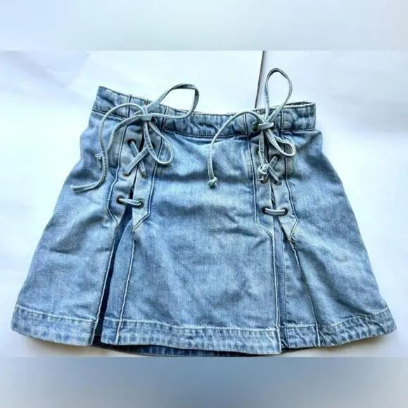 Free People Lace Up Pleated Denim Mini Skirt Jean skirt