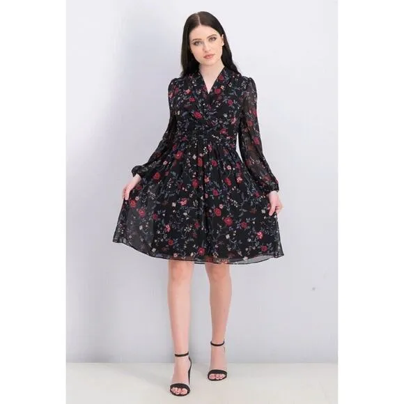 Gal Meets Glam Black Cherry Floral Londyn Pleated Dress 0 NEW