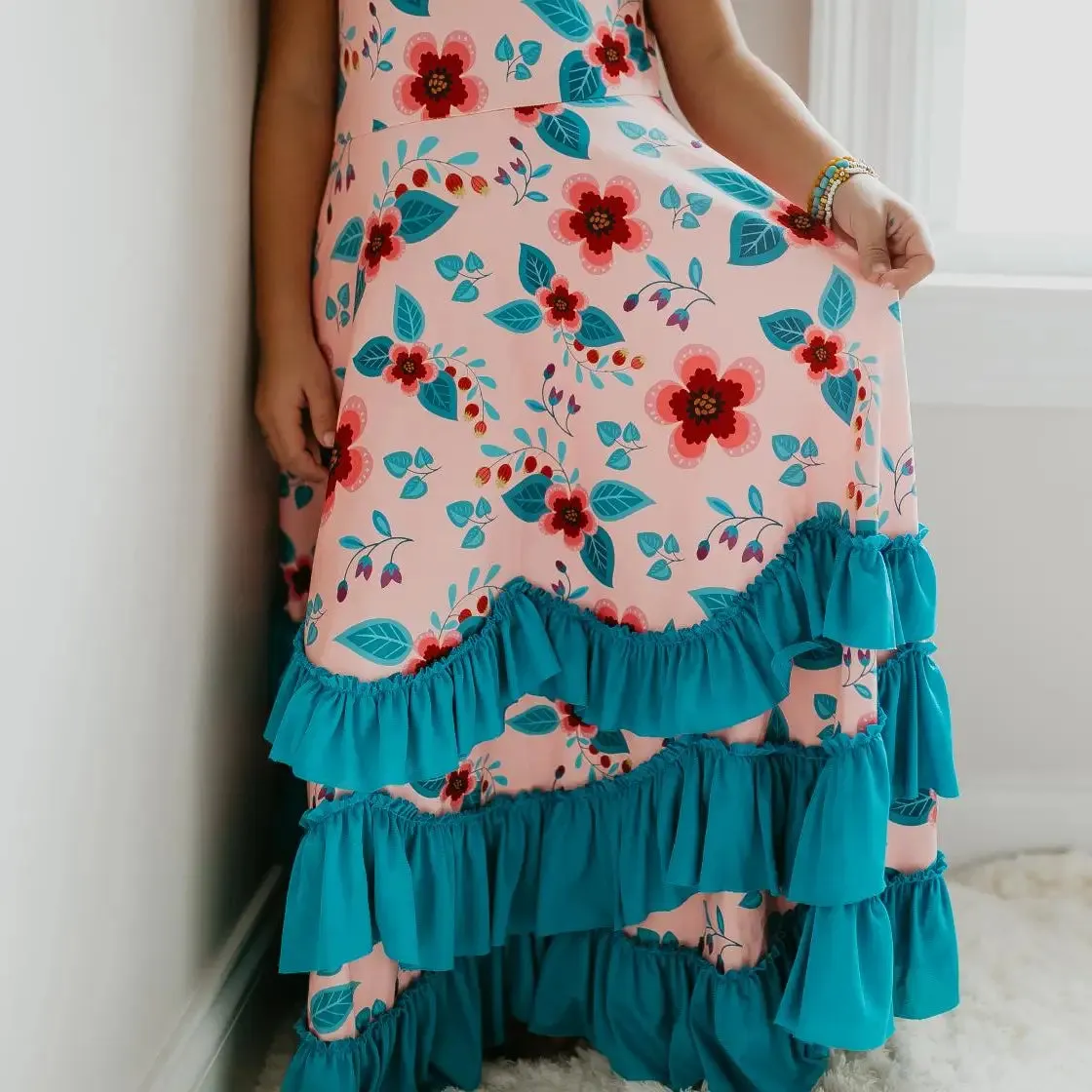 Girls Light Peach/Blue Ruffle Floral Dress