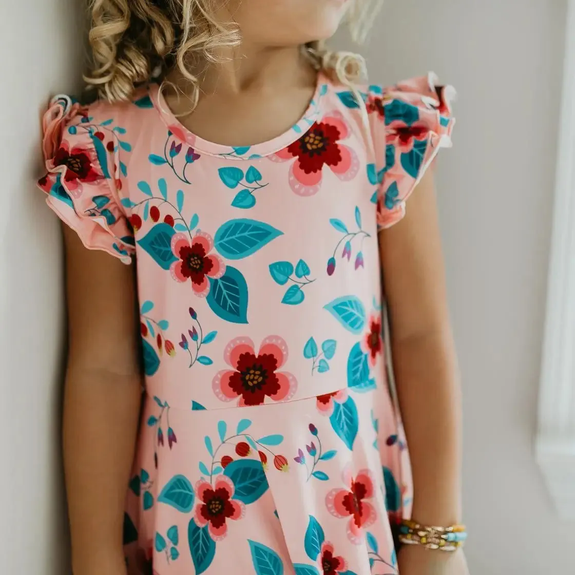 Girls Light Peach/Blue Ruffle Floral Dress