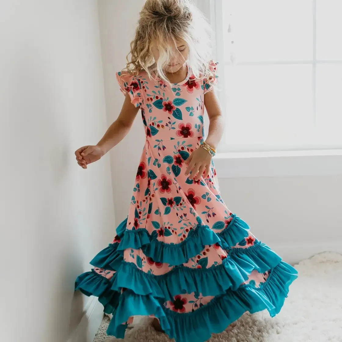 Girls Light Peach/Blue Ruffle Floral Dress