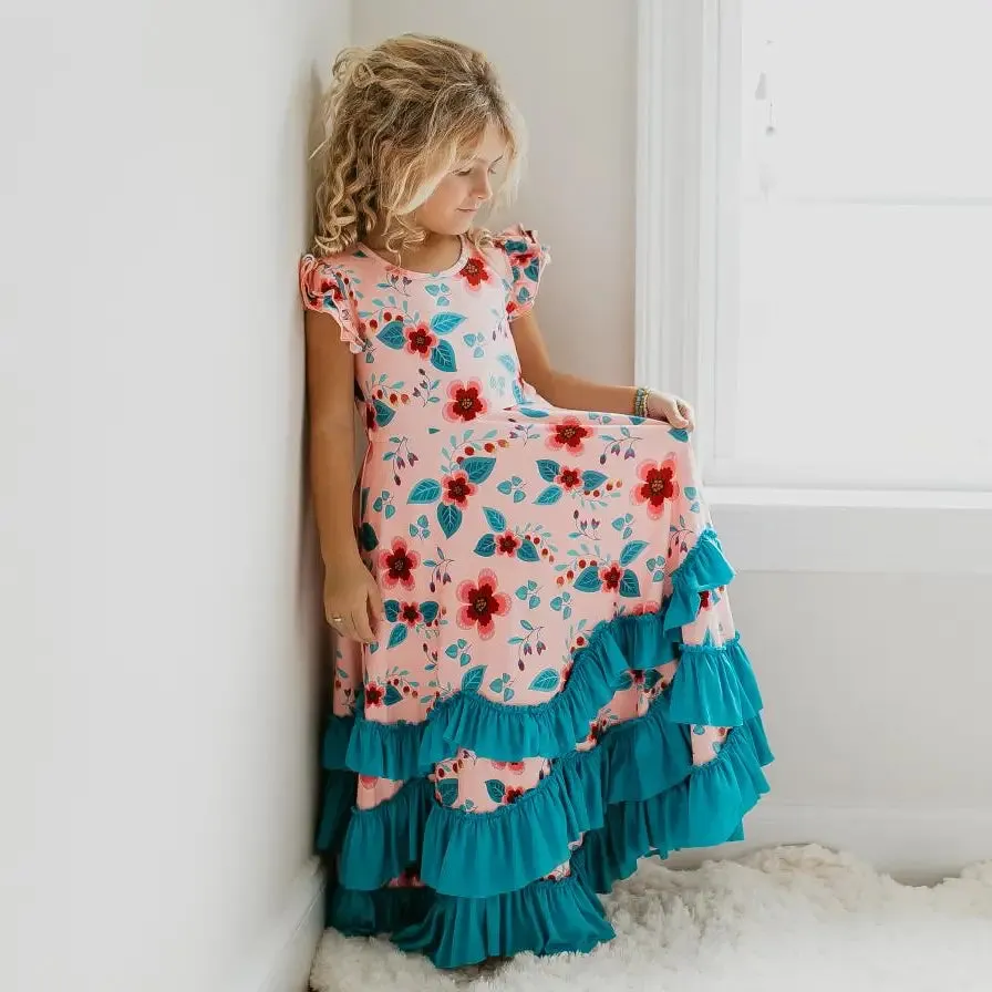 Girls Light Peach/Blue Ruffle Floral Dress