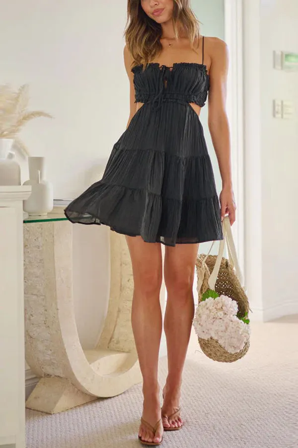 Gloria Linen Blend Pleated Cutout Tied Up Tiered Cami Mini Dress
