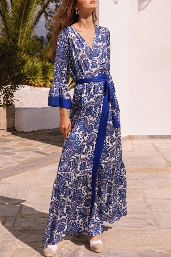 Greek Island Satin Unique Floral Print Tassel Belted Wrap Maxi Dress