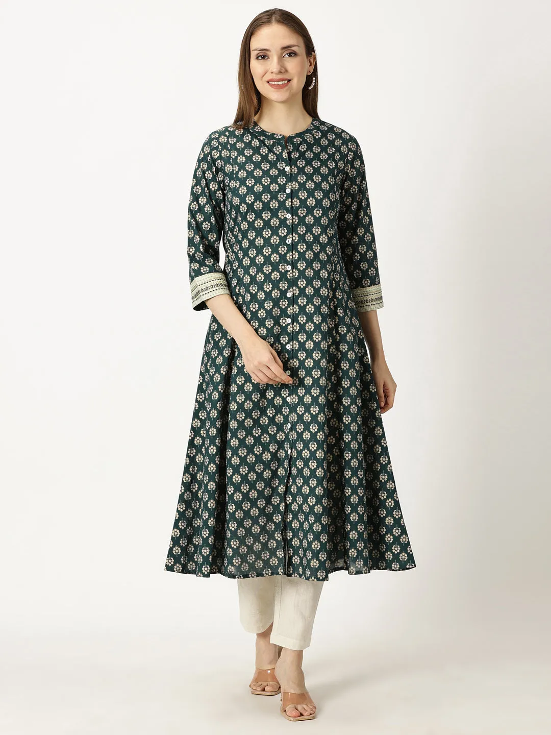 Green Floral Gold Foil Printed Button Down Cotton Kurta