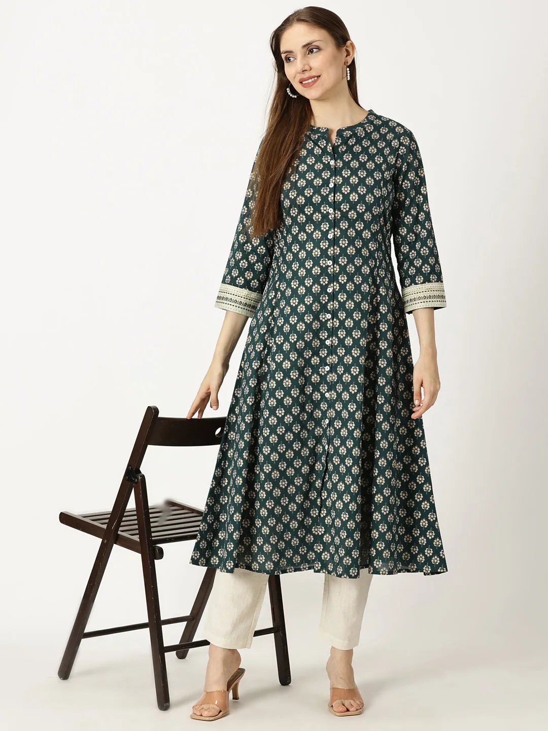 Green Floral Gold Foil Printed Button Down Cotton Kurta