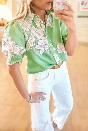 Green Floral Ric Rac Edge Puff Sleeve Button Up Summer Shirt