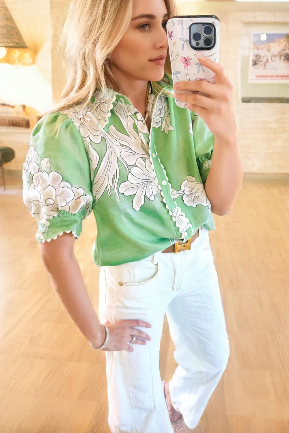 Green Floral Ric Rac Edge Puff Sleeve Button Up Summer Shirt