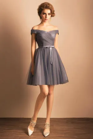 Grey A-line Princess Short Off the shoulder Pleated Homecoming Dresses OKA59