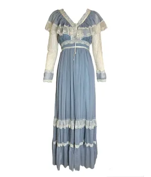 Gunne Sax 1970s Baby Blue Lace Maxi Dress