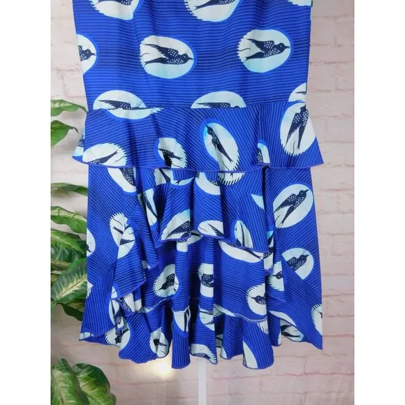 Handmade Bold Blue Bird Print Ruffle Hem Maxi Skirt Size Small