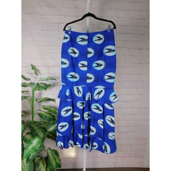 Handmade Bold Blue Bird Print Ruffle Hem Maxi Skirt Size Small