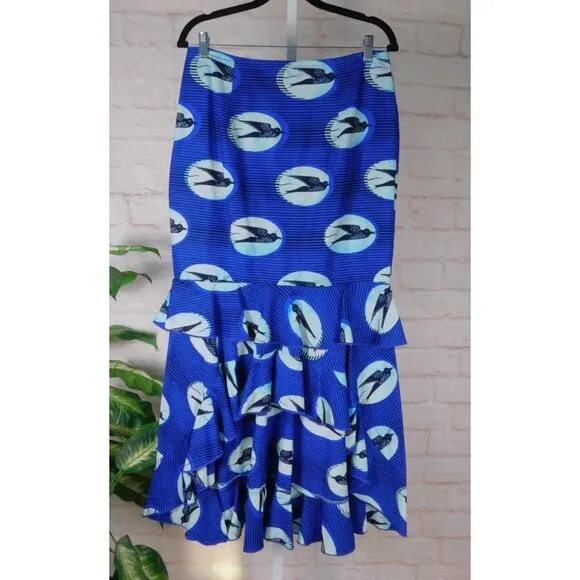 Handmade Bold Blue Bird Print Ruffle Hem Maxi Skirt Size Small