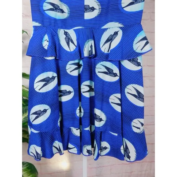 Handmade Bold Blue Bird Print Ruffle Hem Maxi Skirt Size Small