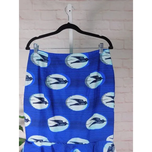 Handmade Bold Blue Bird Print Ruffle Hem Maxi Skirt Size Small