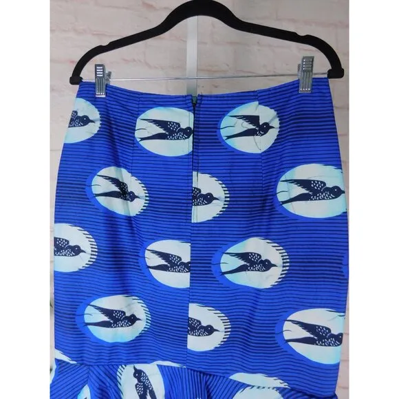 Handmade Bold Blue Bird Print Ruffle Hem Maxi Skirt Size Small