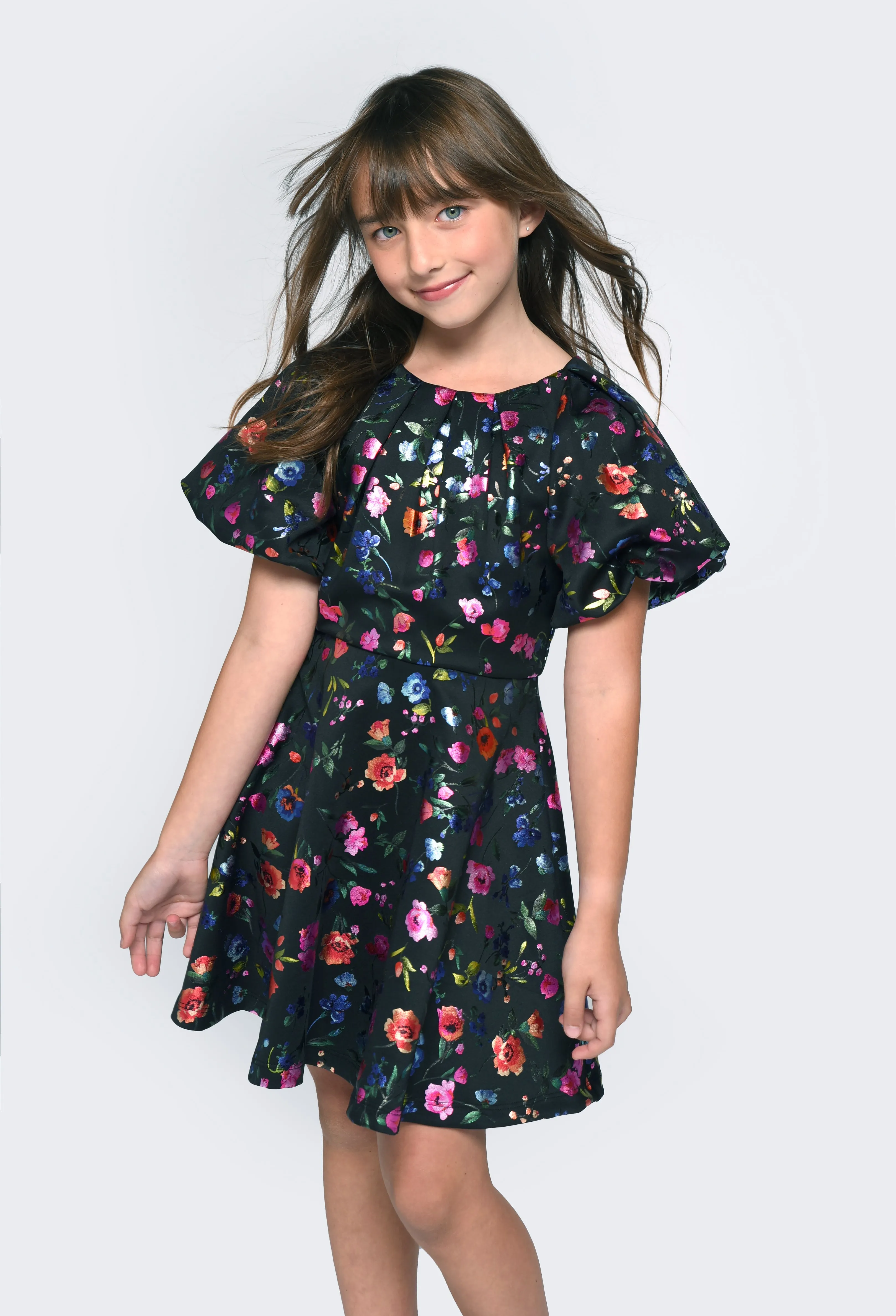 Hannah Banana Foil Flower w/Balloon Sleeves Pleated Dress