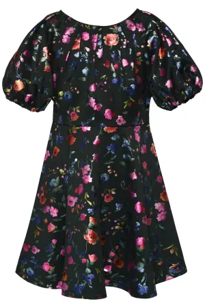 Hannah Banana Foil Flower w/Balloon Sleeves Pleated Dress