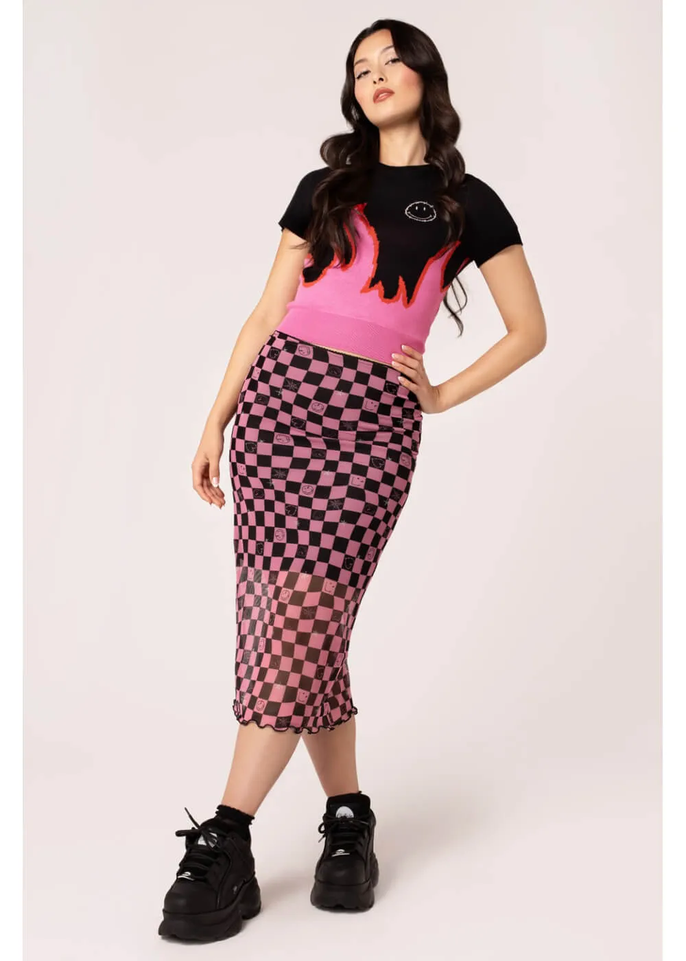 Hell Bunny x Smiley Distortion Mesh Midi Skirt Black Pink