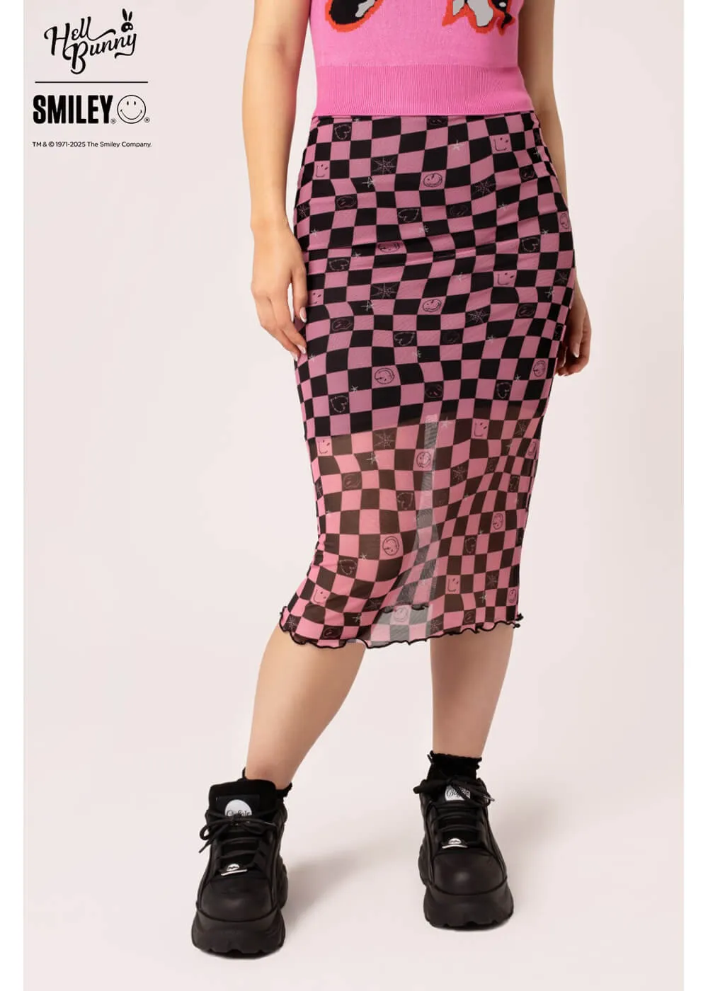 Hell Bunny x Smiley Distortion Mesh Midi Skirt Black Pink