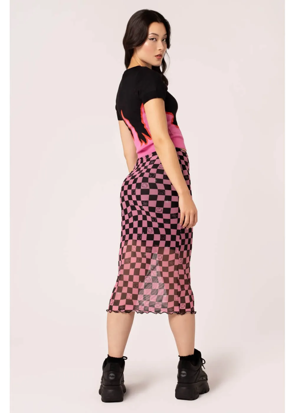 Hell Bunny x Smiley Distortion Mesh Midi Skirt Black Pink