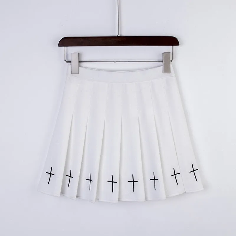 Hot High Waist Mini Black Skirts Streetwear Cross Print Pleated Women Skirt