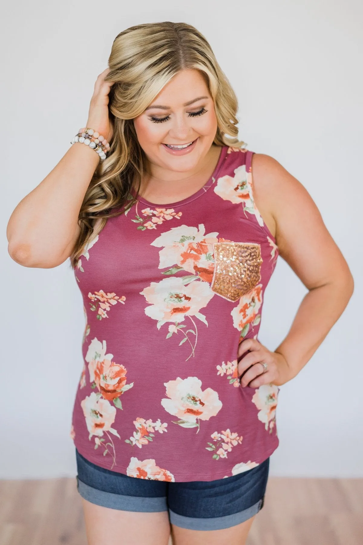 I'm All Yours Floral Glam Pocket Tank Top- Berry