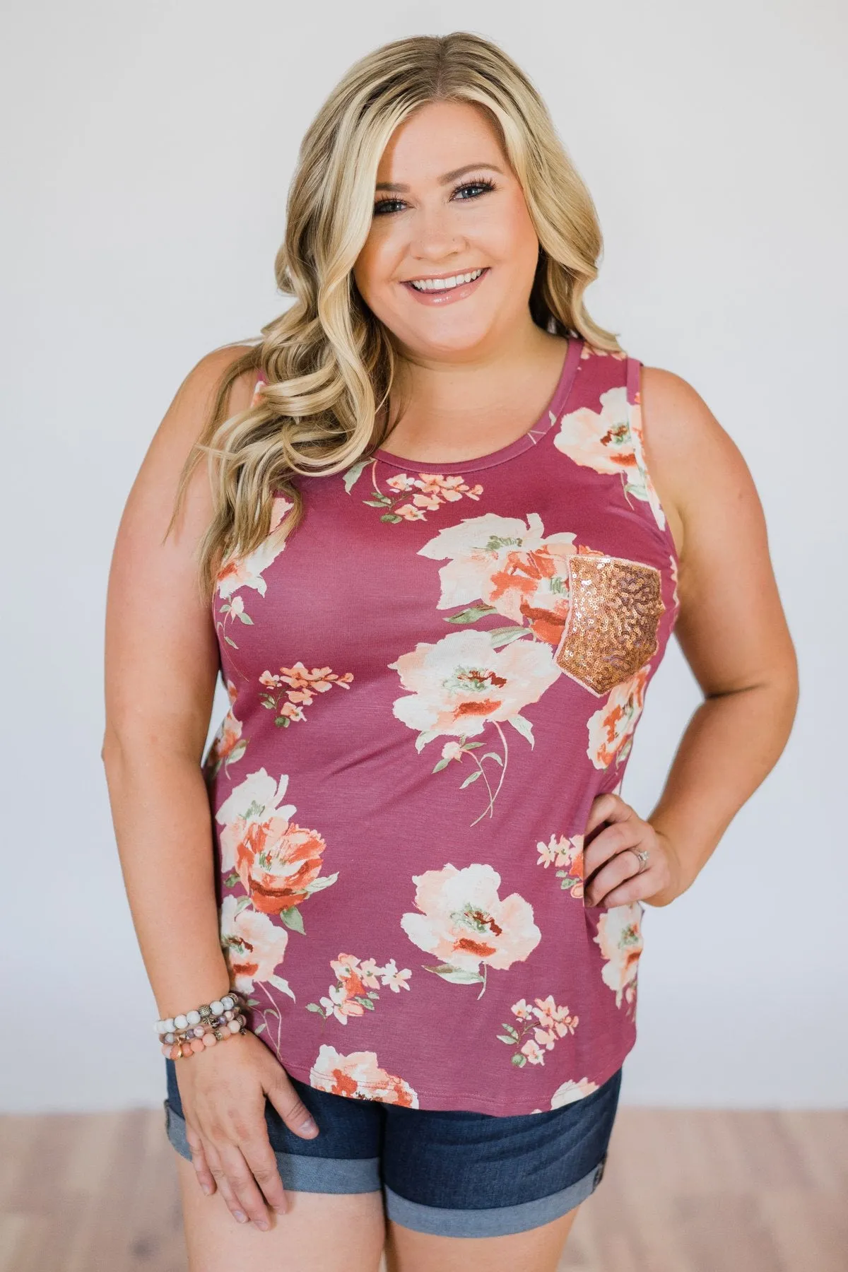 I'm All Yours Floral Glam Pocket Tank Top- Berry