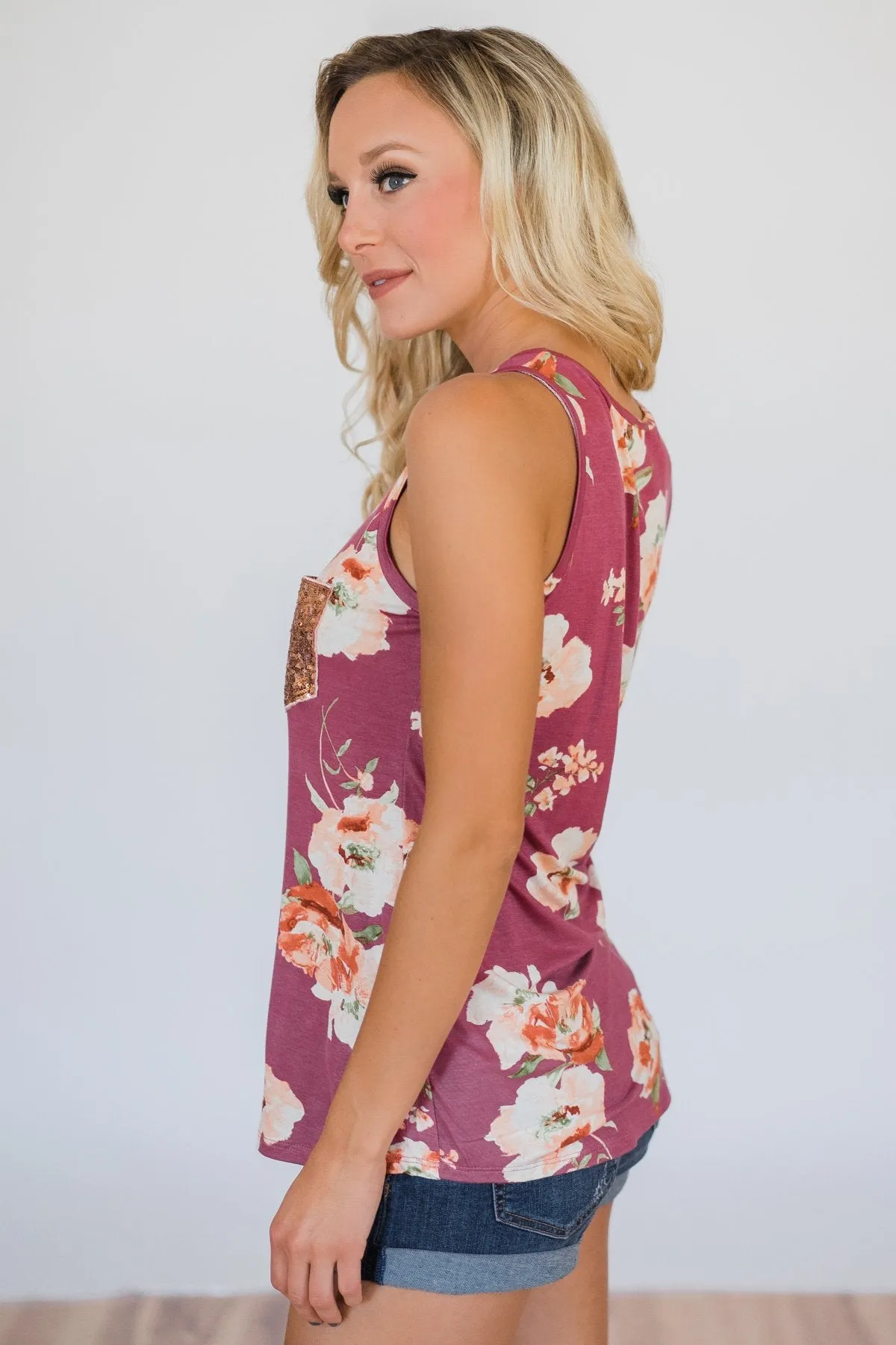I'm All Yours Floral Glam Pocket Tank Top- Berry